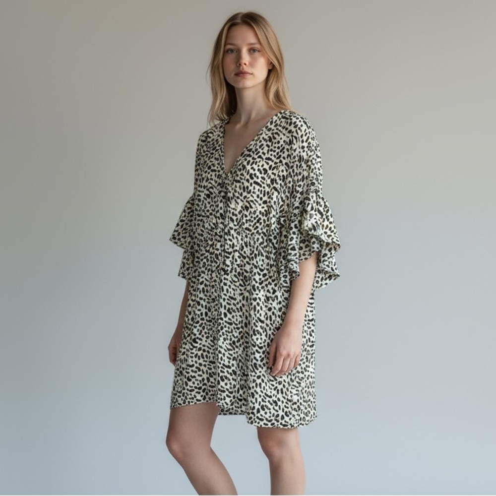 Umgee Animal Print Print V-Neck Tiered Ruffle Sleeve Midi Dress Women’s Large - Picture 12 of 13